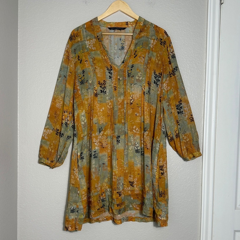 Peruvian Connection Tunic‎ Shirt Dress Yellow Blue Large Artisan Luxury Boho